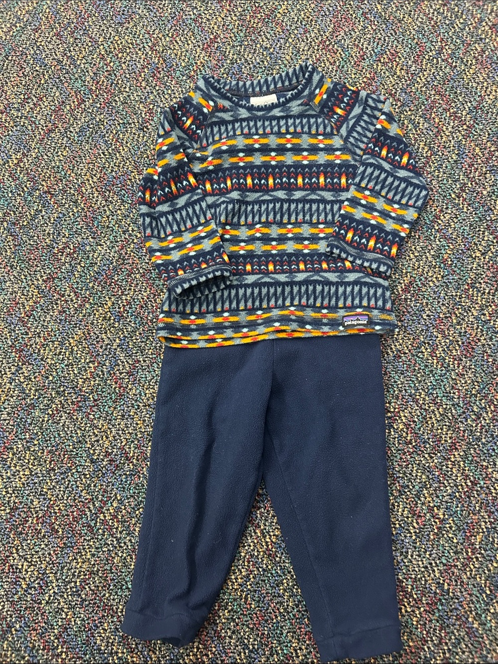 Patagonia Navy Fleece with Yellow, Red & Light Blue Tribal Print